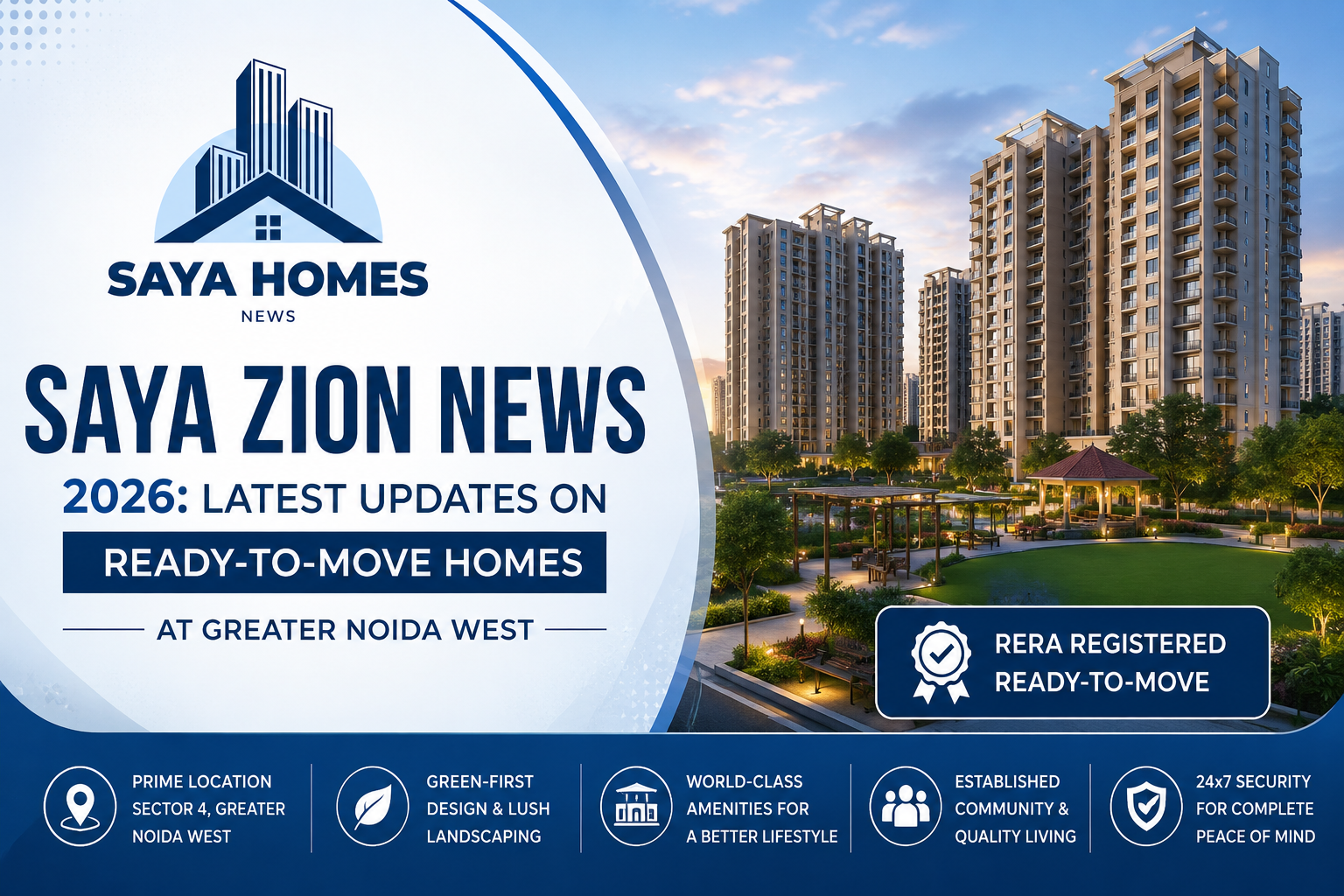 Featured image of Saya Zion ready-to-move residential apartments in Greater Noida West with Saya Homes News logo highlighting project updates for 2026.