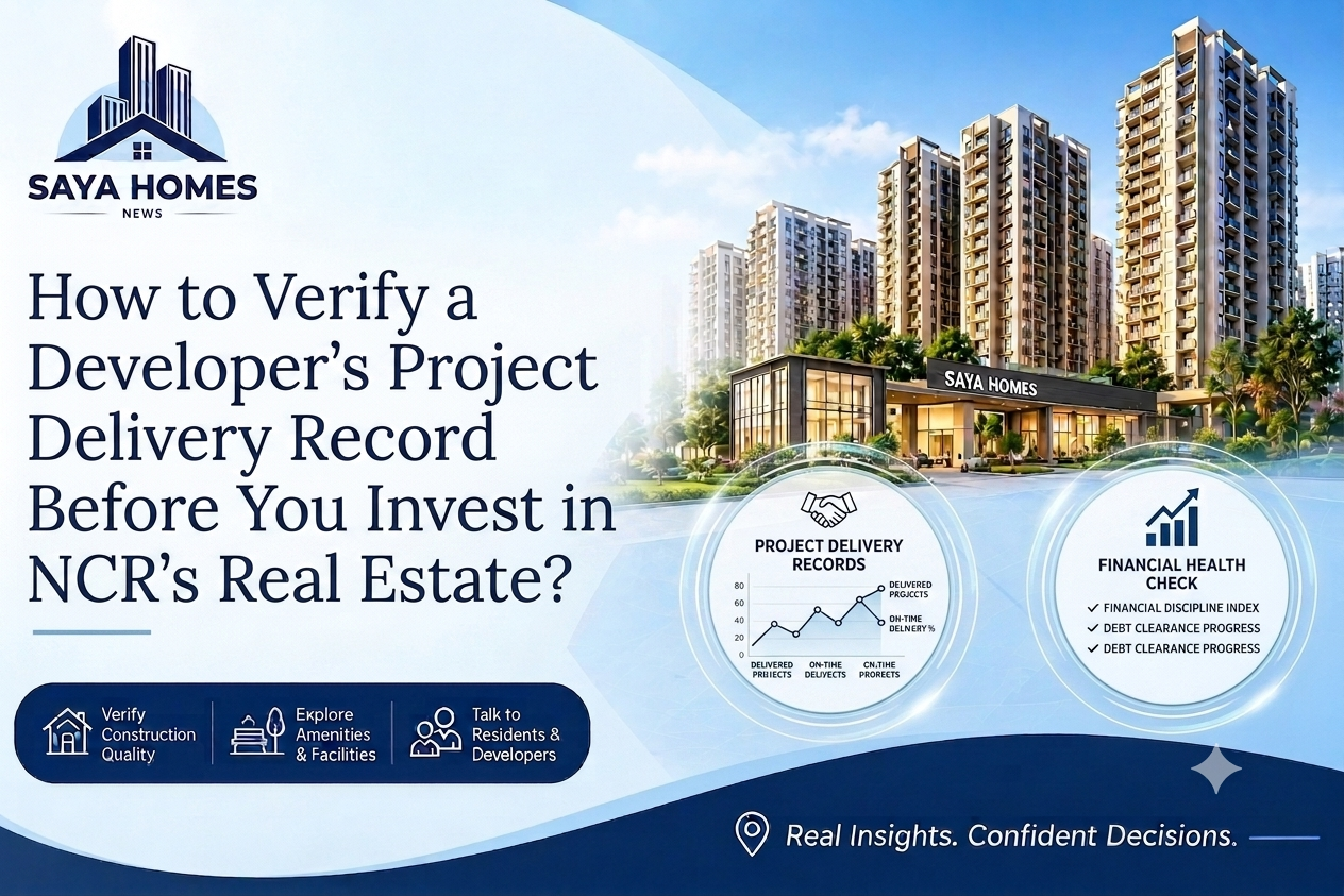 Featured graphic for Saya Homes blog post on verifying real estate developers in NCR, displaying modern apartment towers and project verification metrics.