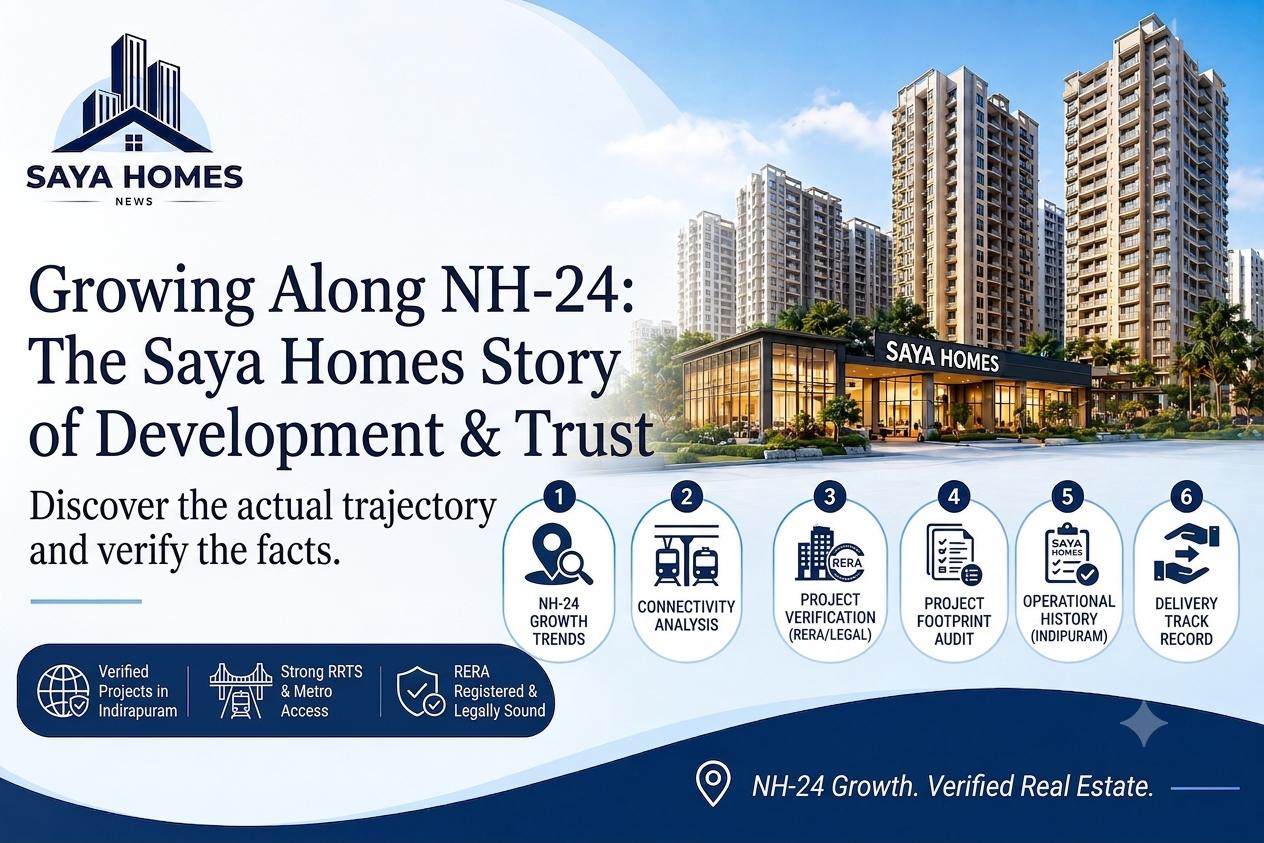Infographic explaining Saya Homes' growth along the NH-24 corridor, featuring Indirapuram RERA project verification, RRTS connectivity analysis, and developer track record.