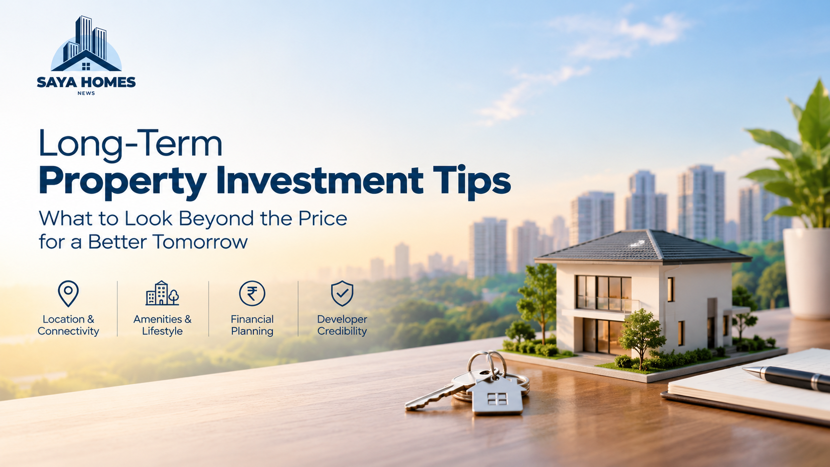 Infographic detailing long-term property investment tips by Saya Homes, highlighting location, amenities, financial planning, and developer credibility.
