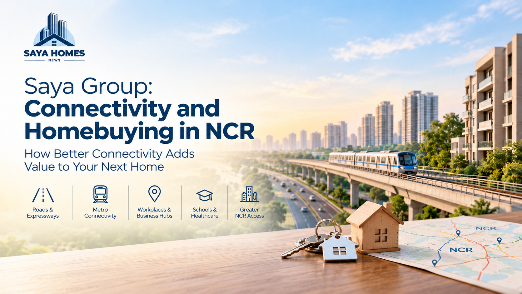 Saya Group connectivity and homebuying in NCR featuring metro networks, expressways, and residential properties.